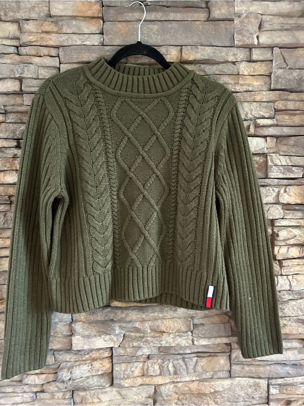 Tommy Hilfiger Cropped Cable Knit Sweater Olive Size Large